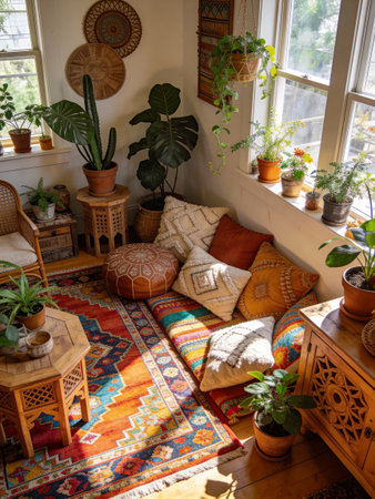 Interior of a cozy living room with decorative pillows and plantsの写真素材