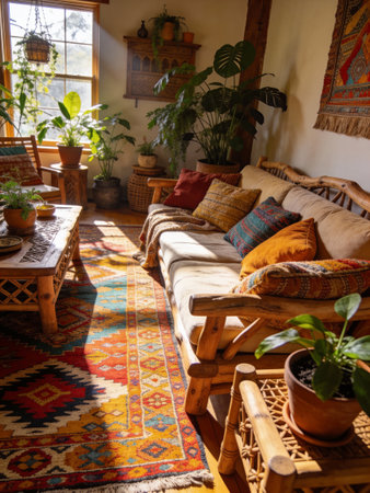 Interior of an old house with a sofa, armchair and plants
