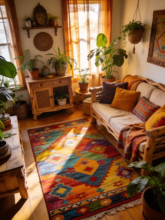 Interior of a cozy living room with a sofa, plants and a wooden tableの写真素材