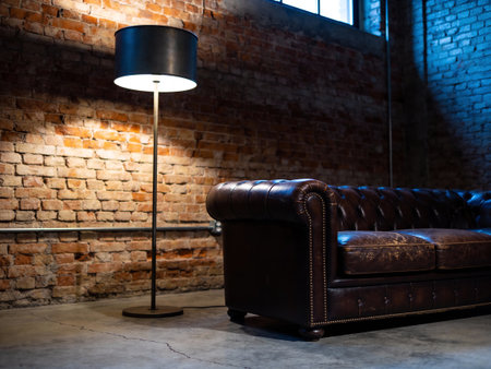 Luxury leather sofa in a loft interior with a brick wallの写真素材