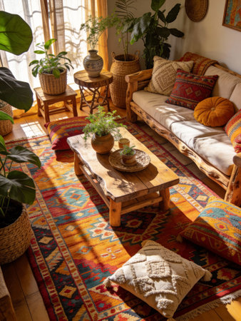 Interior of a cozy living room with a sofa, pillows and plantsの写真素材
