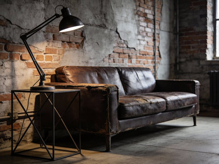 Sofa and lamp in loft style interior with brick wall.の写真素材