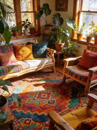 Interior of an old house with wooden furniture and plants in potsの写真素材