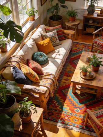 Interior of a living room with a sofa, pillows and plantsの写真素材