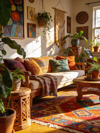 Interior of a cozy living room with a sofa, pillows and plantsの写真素材