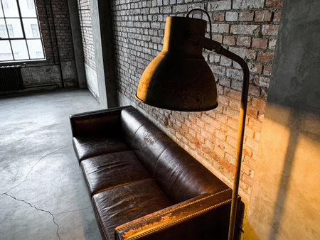 Interior of a room with leather sofa, lamp and brick wallの写真素材