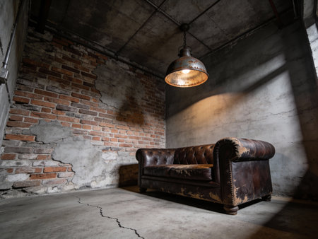 Interior of an old abandoned building with a leather sofa and a lampの写真素材