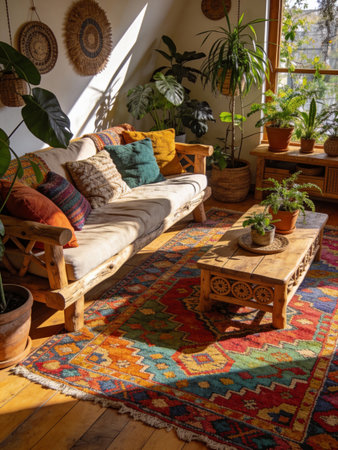 Interior of a modern living room with a wooden sofa and plantsの写真素材