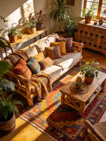 Interior of a cozy living room with wooden furniture and plants.の写真素材