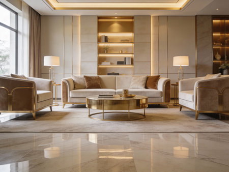 Luxury living room interior with beige sofa and coffee table