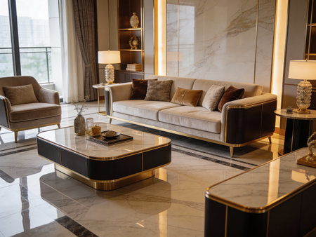 Luxury living room interior with a sofa and a coffee tableの写真素材