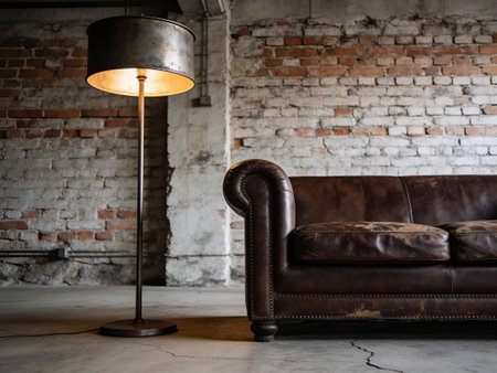 Luxury leather sofa and floor lamp in vintage room with brick wallの写真素材