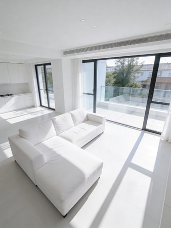 interior of modern bright living room with white sofa, nobody insideの写真素材
