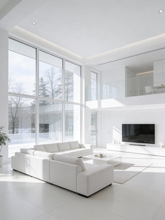 interior of new luxury house, white sofa and panoramic windowの写真素材