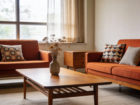 Interior of a living room with orange sofa and brown coffee tableの写真素材