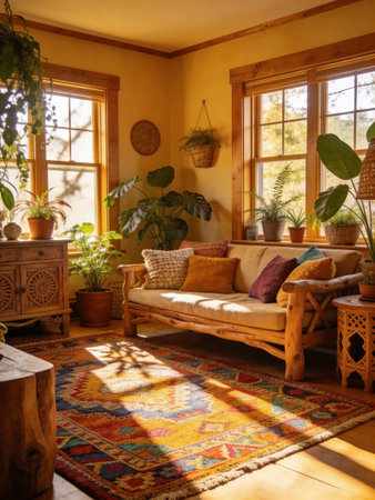 Interior of a cozy living room with wooden furniture and plants.
