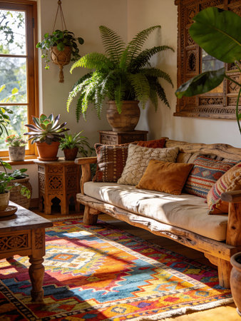 Interior of living room with wooden sofa, pillows and plantsの写真素材