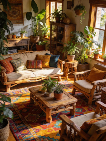 Interior of an old rustic house with wooden furniture and plantsの写真素材