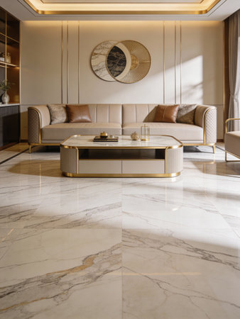 Luxury living room with a marble floor and a gold furnitureの写真素材
