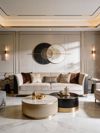 Luxury living room interior design with white marble and gold accessoriesの写真素材