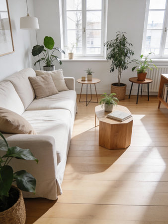 Modern living room with white sofa, wooden coffee table and plants in potsの写真素材