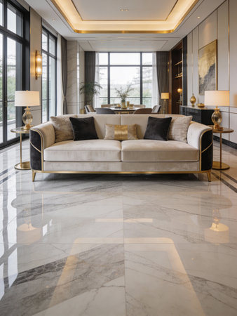 Luxury living room interior design with white sofa and gold lampの写真素材