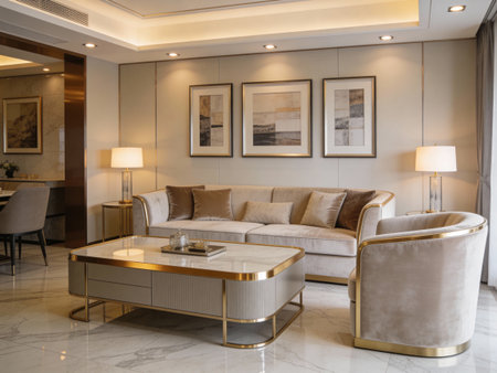 Luxury living room interior with beige sofa and coffee tableの写真素材