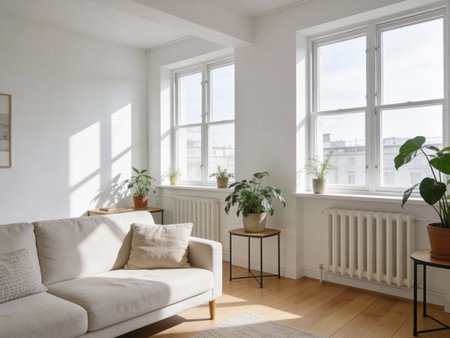 interior modern bright living room with white sofa, window and plantsの写真素材