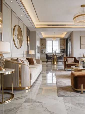 Luxury hotel lobby interior with beige sofa and armchairsの写真素材