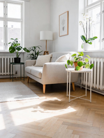 interior of modern bright living room with white sofa, coffee table and plants