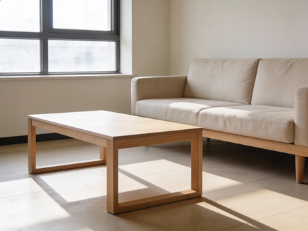Modern living room with sofa and coffee table in minimalism style.