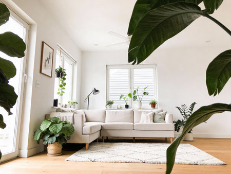 interior of modern living room with white sofa and plants, nobody inside