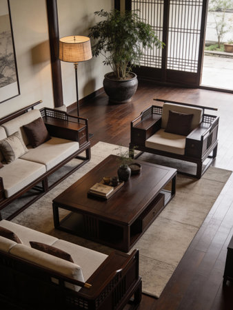 Interior of a Japanese-style living room with a lot of furniture