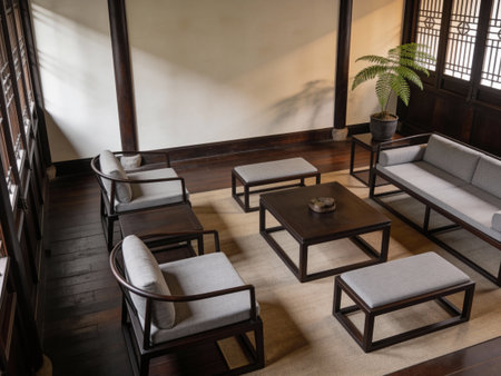 Interior of a modern cafe with coffee tables and sofasの写真素材