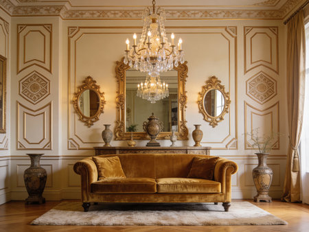 Luxury interior of the royal residence. Classic sofa, mirror and armchair.