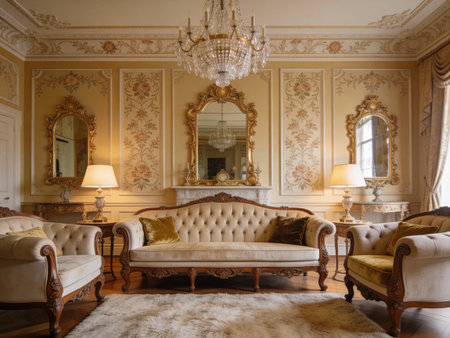 Luxury interior of the living room with a fireplace and a sofa