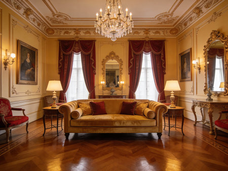 Luxury interior of classic room with furniture and fireplace. Nobody insideの写真素材