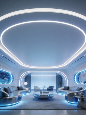 Interior of modern office with blue lights. 3d rendering.の写真素材