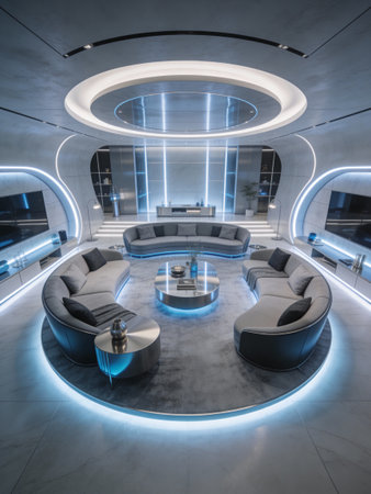 3D rendering of a modern lounge interior with a round coffee tableの写真素材