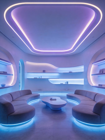 Interior of a modern living room with blue and purple lights.の写真素材