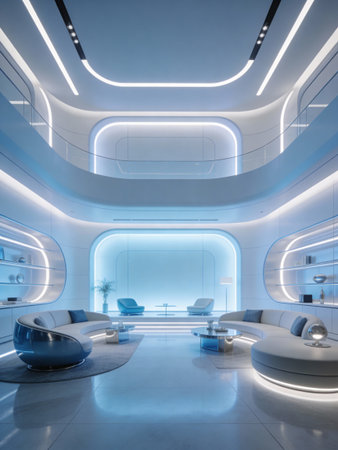 Interior of a modern office with blue and white walls. 3d rendering