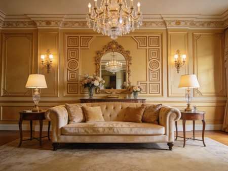 Luxury living room interior with golden walls, classic furniture and elegant furniture