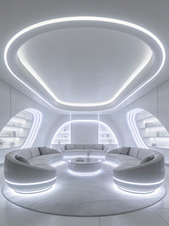 Interior of a modern office building with white walls and a concrete floorの写真素材