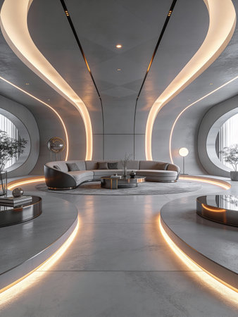 Interior of a modern office lobby with a concrete floor, sofa and armchairs. 3d rendering