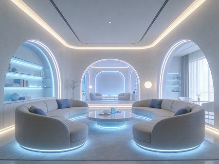3d render of interior design modern living room with blue and white lighting