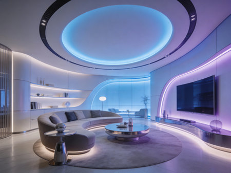 Interior of a modern living room with reception desk and sofa.