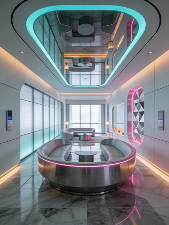 Interior of modern office building with reception deskの写真素材