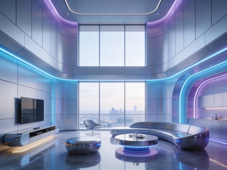 Interior of modern living room with white walls, concrete floor, blue and purple sofa and round...