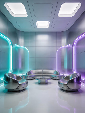 3d rendering interior of an office with blue and violet lightsの写真素材