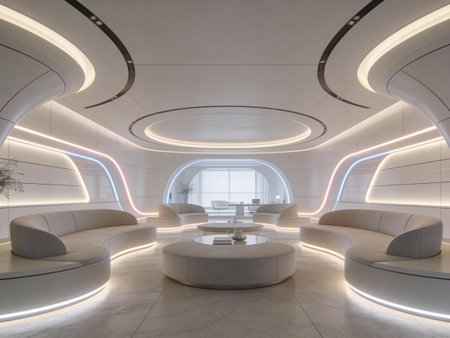 Interior of a modern office building with round tables and white chairs